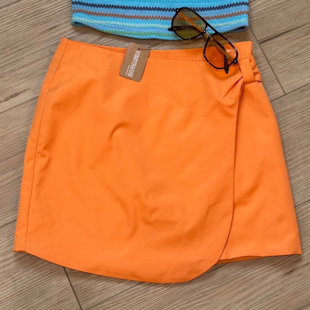Cute Vibrant Sunny Bright Orange Mini Faux Wrap Skirt Women Size S